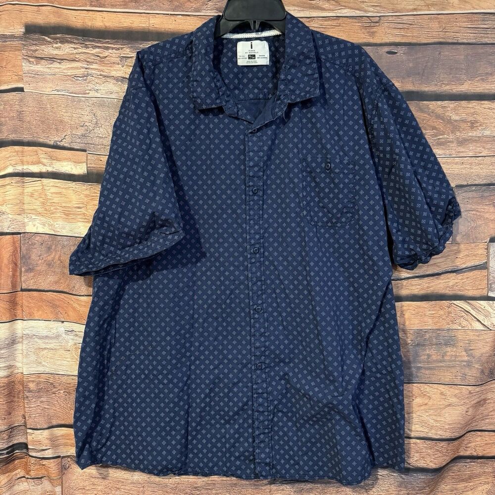 I Jeans by Buffalo Mens 3XL Blue Geometric Diamond Print Short Sleeve Button Up